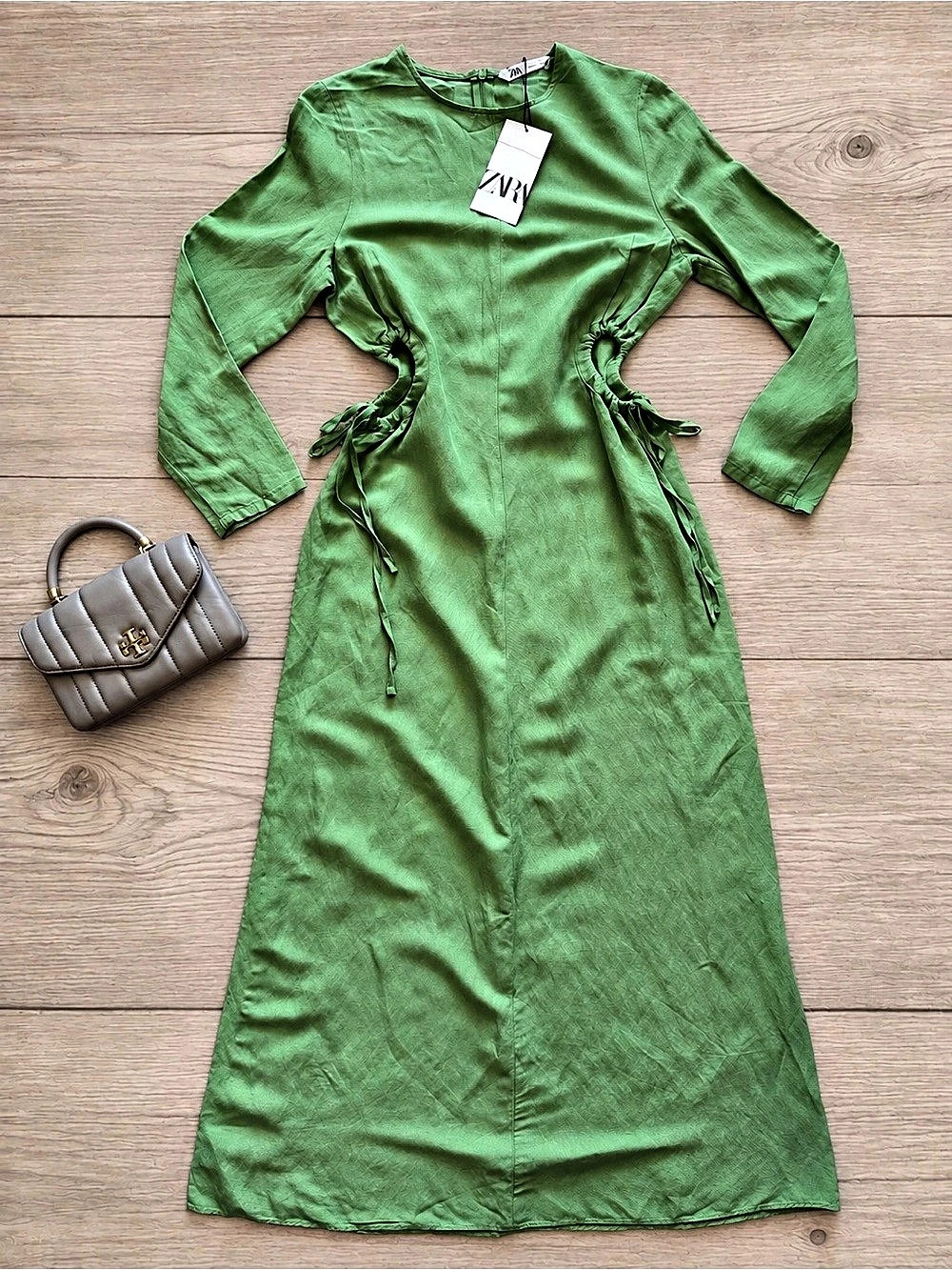 Zara Linen Blend Cutout Midi Dress Green Long Sleeve Small Orig $70